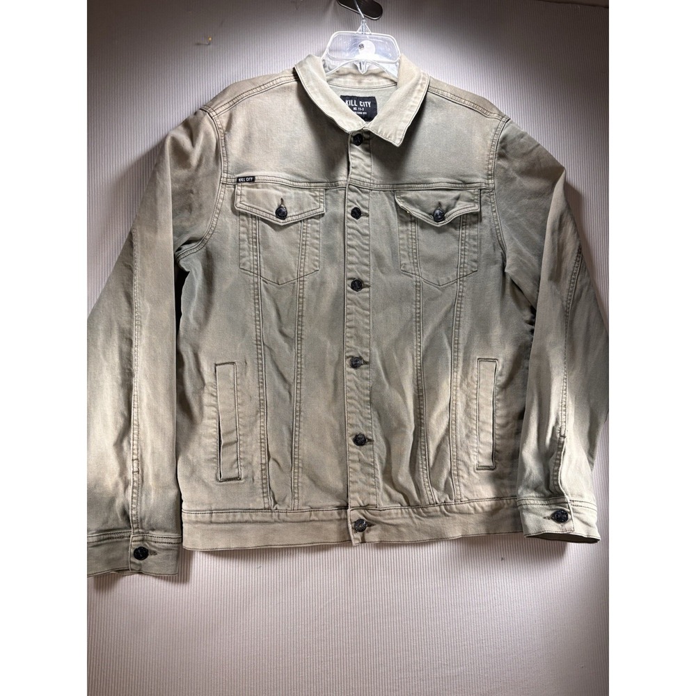 Kill City Men's Trucker Denim Jacket XL Washed Olive Grey Punk Grunge Street